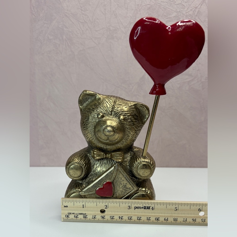 Gold Bear with Red Heart Balloon Figurine - Picture 3 of 13
